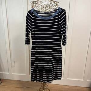 Tommy Hilfiger Women's Black & White Striped 3/4 Sleeve Sheath Dress with Denim